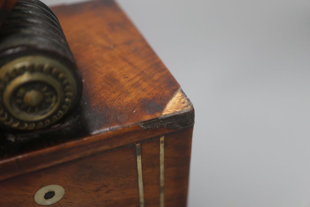 A Regency style mahogany mantel timepiece, with brass and mother of pearl inlay, height 34cm